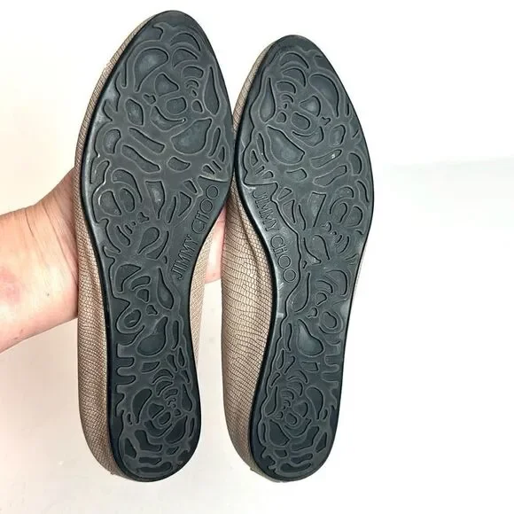 Jimmy Choo WRAY Ballet Flats Printed Leather Nude Gold Logo Medallion Italy US 7